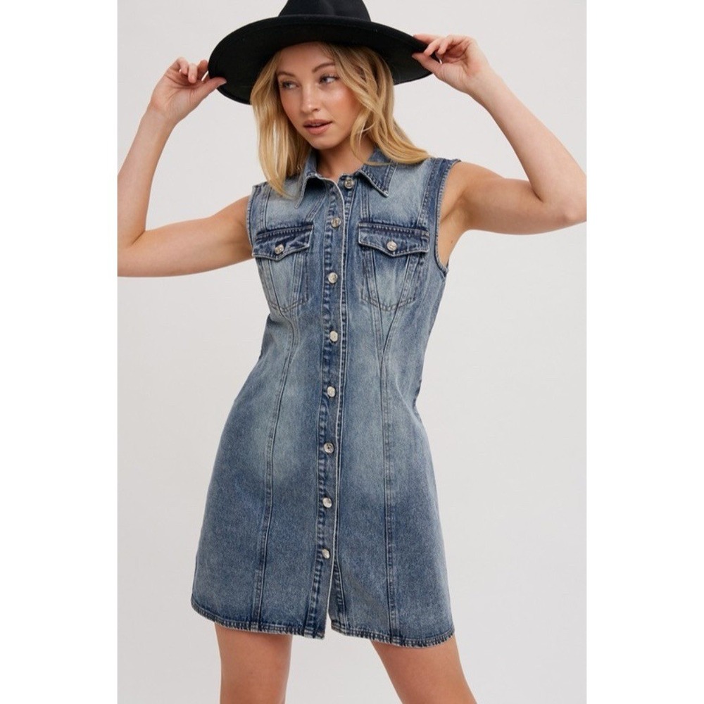 Blueivy Women's Blue Jean Denim Button Down Sleeveless Festival Dress Sz Small - Picture 3 of 4